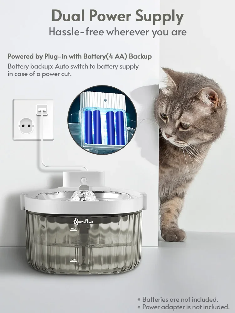 DownyPaws Battery Operated Cat Water Fountain Motion Sensor Dog Dispenser Filter Automatic Drinker Stainless Steel Pet Feeder