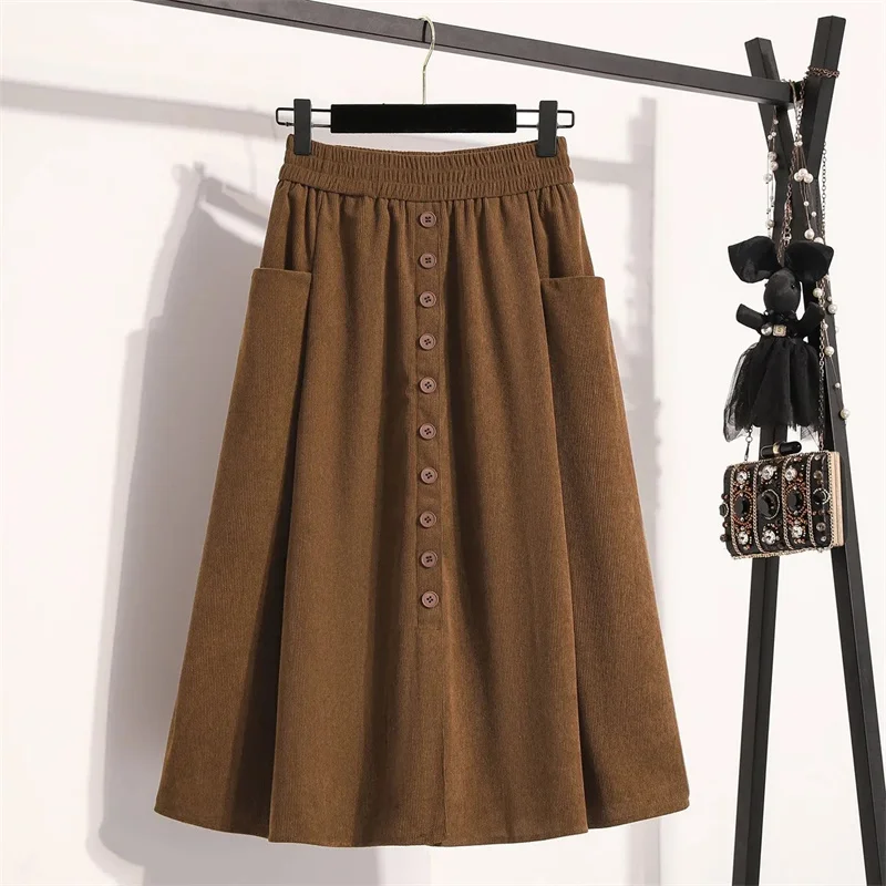 Women Skirt Retro Fashion spring Autumn Winter Elastic Waisted thicken   Skirt Versatile Casual A Line Mid-length Skirts Female