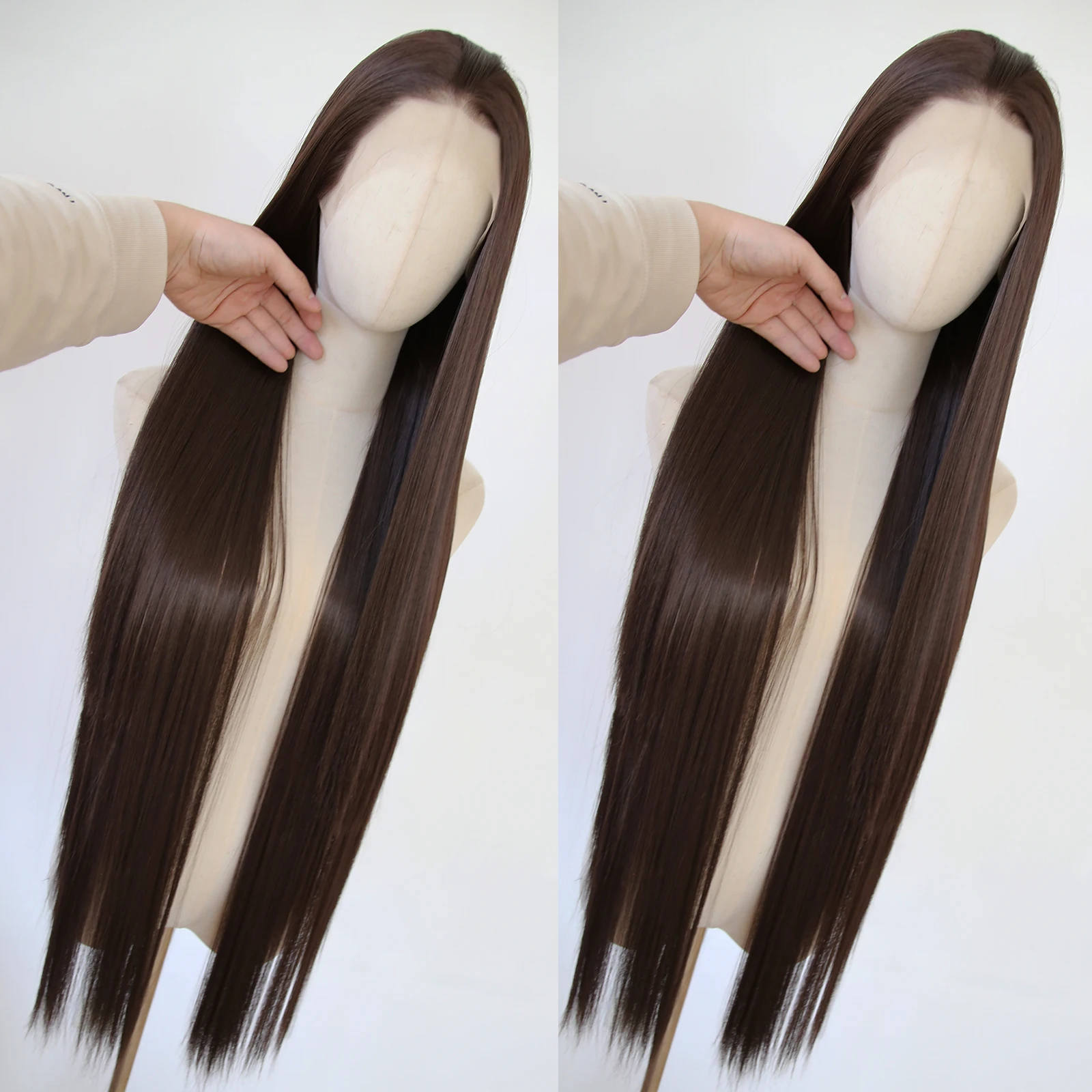 Dark Brown Synthetic Lace Front Wig 40inch Long Straight Chocolate Brown Lace Front Synthetic Wig Pre Plucked Natural Hairline