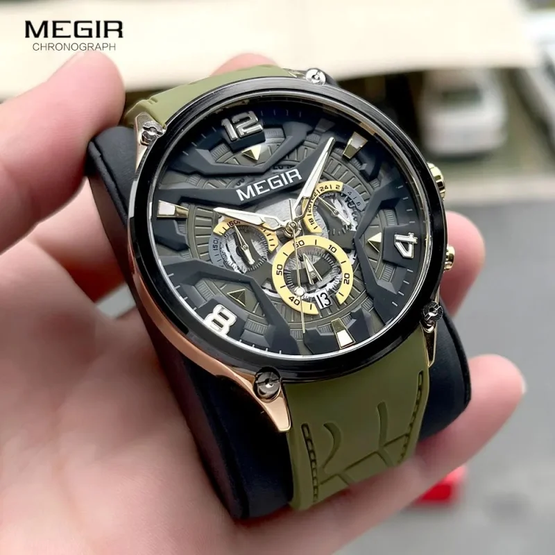 MEGIR 2222 Men\'s Watch Brand Vintage Multifunctional Chronograph Silicone Band Waterproof Luminous Sport Quartz Wristwatch Clock