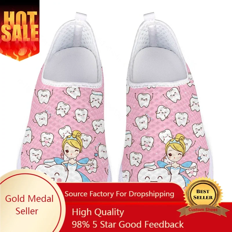 Women Mesh Slip On Shoes Breathable Sport Sneaker For Ladies Dental Tooth Print Cute Girl Walking Shoes