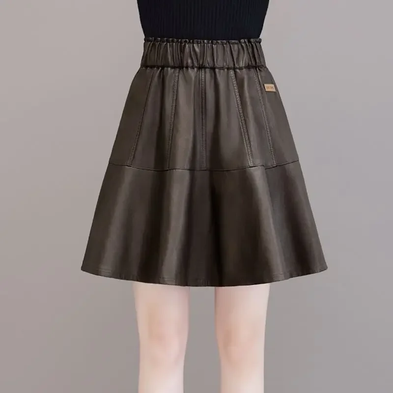 

Simplicity Office Lady Autumn Winter New Women Solid Korean Fashion Chic Elastic High Waist Short Slim A-line PU Leather Skirt