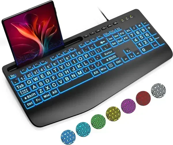Large Print Backlit Keyboard, Wired USB Computer Keyboards with 7-ColBacklight, Wrist Rest, Phone