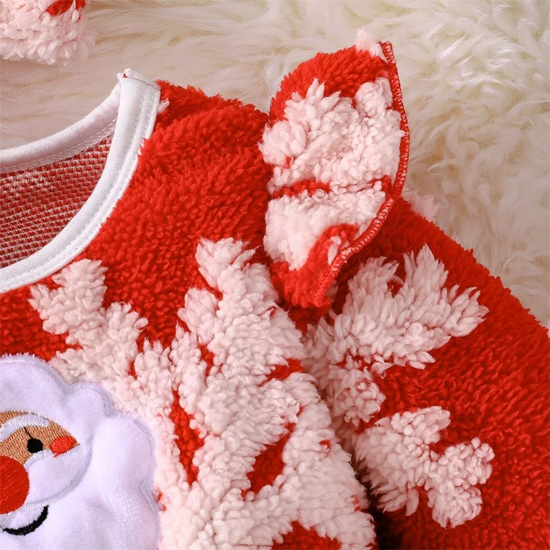 Little Girl Christmas Fuzzy Dress Santa Claus Embroidery Long Sleeve Crew Neck Dress with Bow Headband