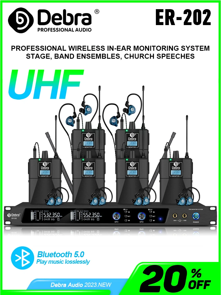 Debra ER-202 Draadloos in-ear monitoringsysteem met Bluetooth 5.0 en UHF-technologie voor podium- en theateroptredens - afbeelding 2