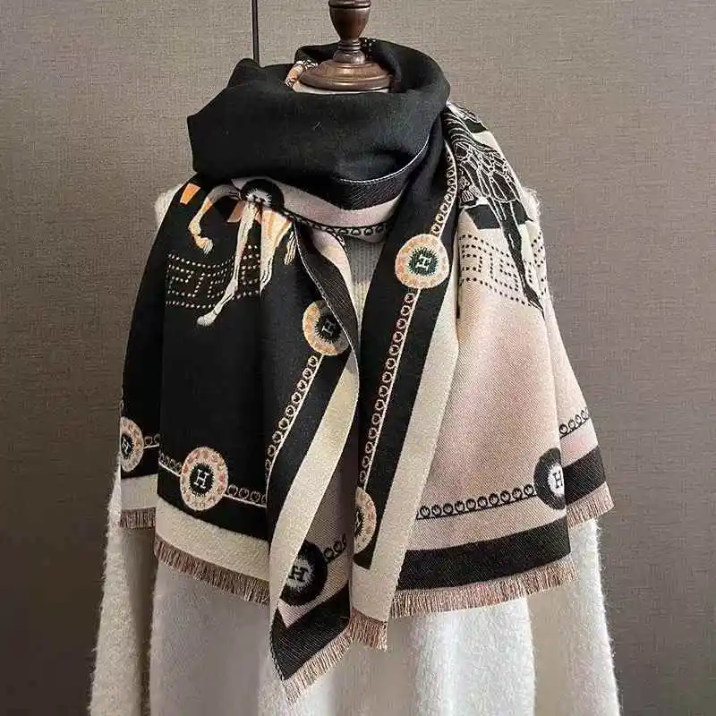 Luxury Winter Faux Cashmere Scarf Women 2025 fashionable Little horse thickened European and American warm Shawl image 3