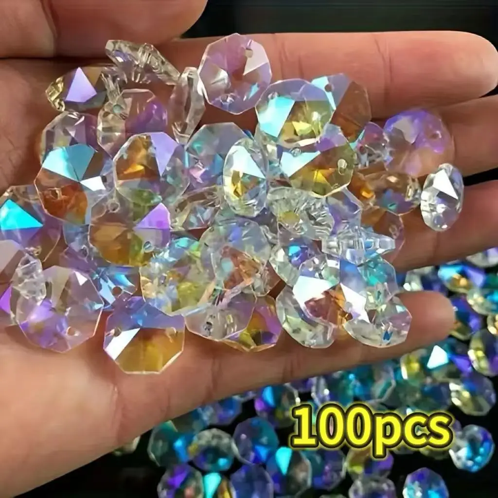 100 pieces of 14mm double-hole octagonal colored glass crystal iridescent prism beads for capturing sunlight, suitable for DIY j