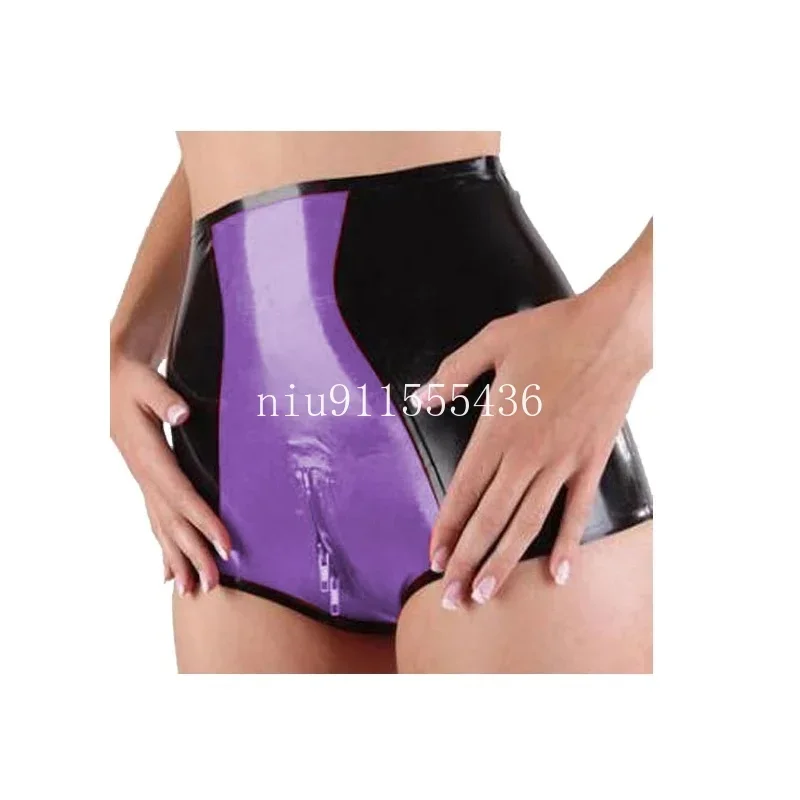 Women Hanmde High Waist Panties with Crotch Zip Rubber Underwear Shorts Black with Purple Red Crotch Zip