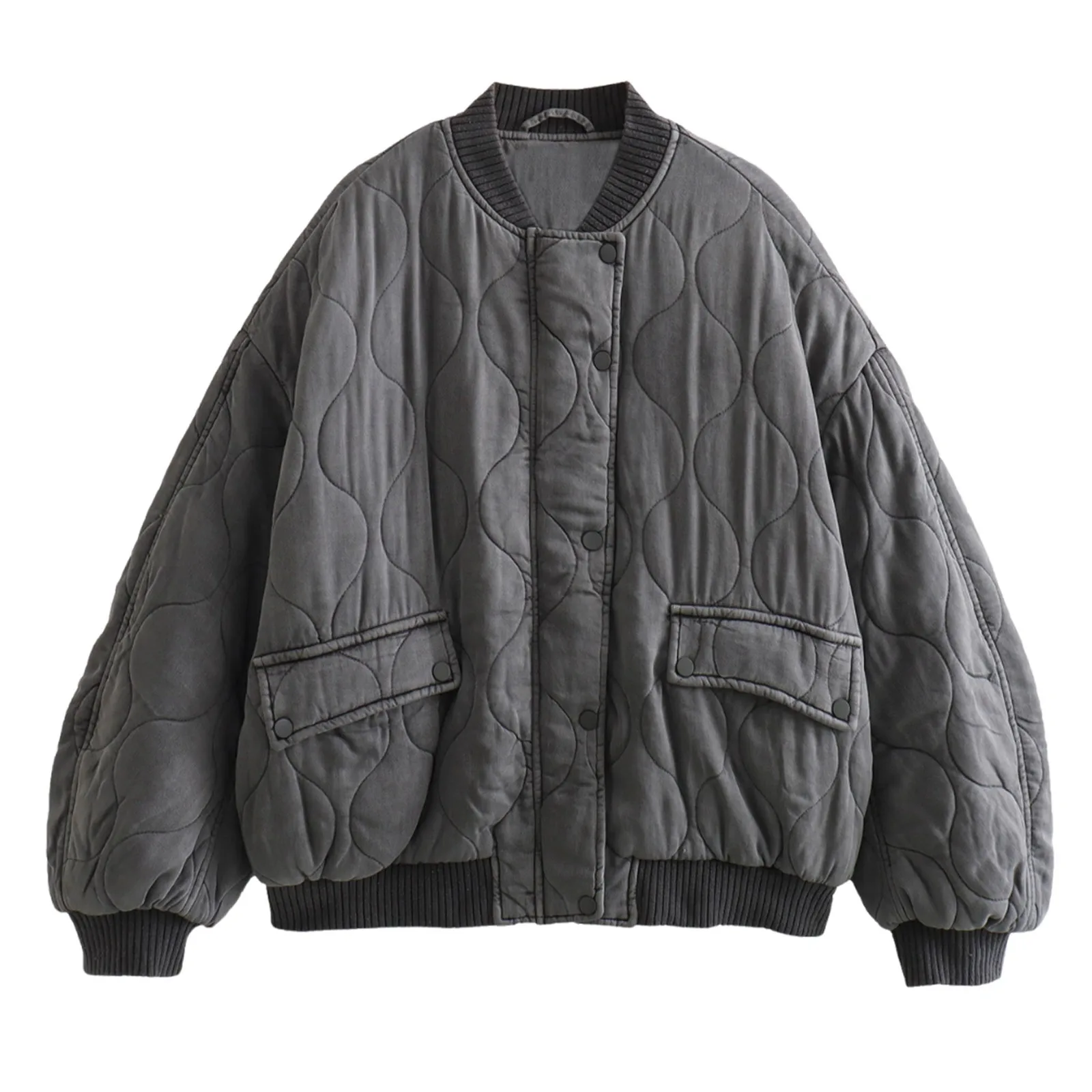

Women'S Thicken Warm Jacket Solid Color Single Breasted Loose Quilted Jacket Baseball Uniform Padded Jacket Autumn Outwear