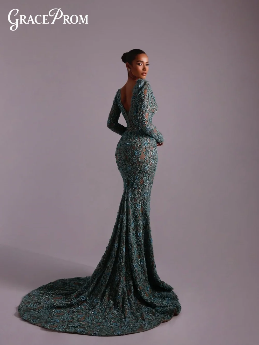 Glamorous Long Sleeve Prom Dress Lace Evening Gown Deep V Formal Party Dress Luxury Sparkly Cocktail Dress Vestidos De Noche
