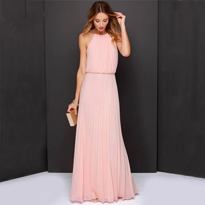 2024 New Fashion Summer Sexy Women's Long Dress Hanging Neck Solid Color Chiffon Sleeveless Dress Female Dresss