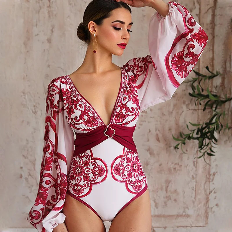 Flaxmaker Classic Women Sexy Bikini Sets Long Sleeves Majolica Series Pattern Print One Piece Swimsuit Skirt Biquini Beachwear