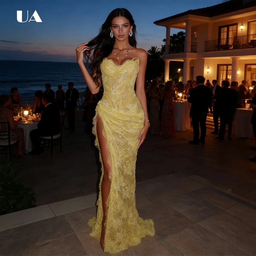 

ULBYANRY Customized Mermaid Lace Embroidery Party Dress, Luxury Sequin Sweetheart Neck Evening Dress, Sexy High-slit Prom Gown