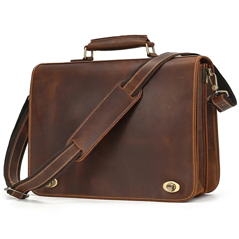 

Retro briefcase, genuine leather, business men's mad horse leather, portable shoulder bag, cowhide commuter computer bag, fashio