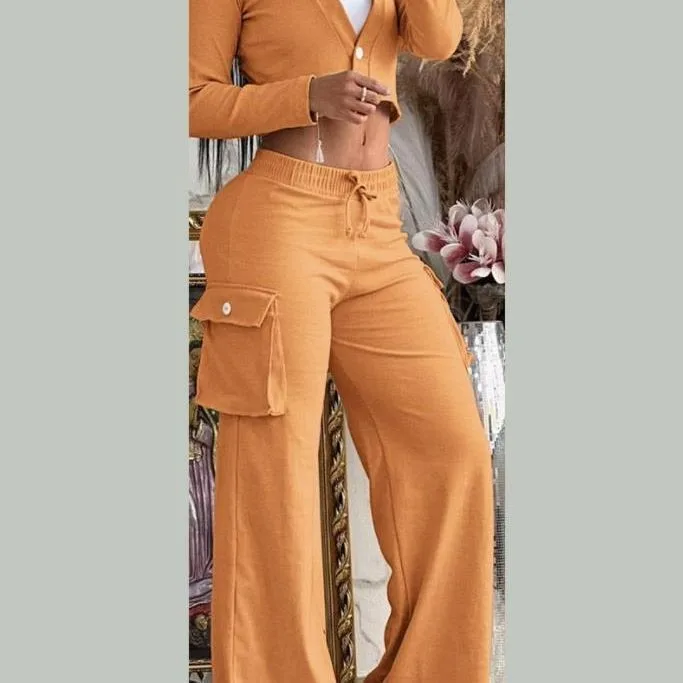 

Casual Crop Top Long Sleeve Orange Blouse Solid Color Relaxed Fit Button Detail Green Shirt Beige High Waist Black Drawstring