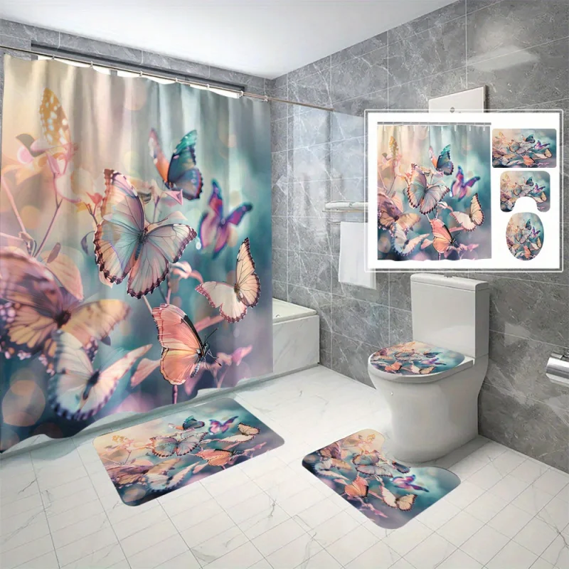 4pcs Butterfly Pattern Set, Waterproof Shower Curtain With 12 Hooks, Non-Slip Bathroom Rug, Toilet U-Shape Mat, T