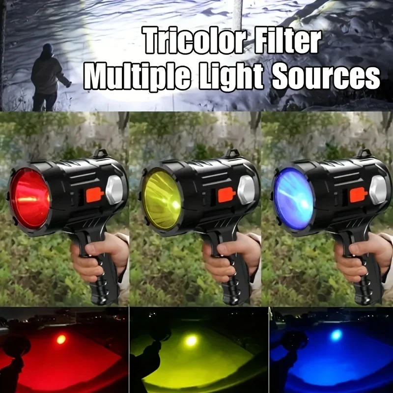 Super Bright Rechargeable LED Spotlight with Long-Lasting Battery - for Outdoor Camping and Floodlighting With 3-Color Filter