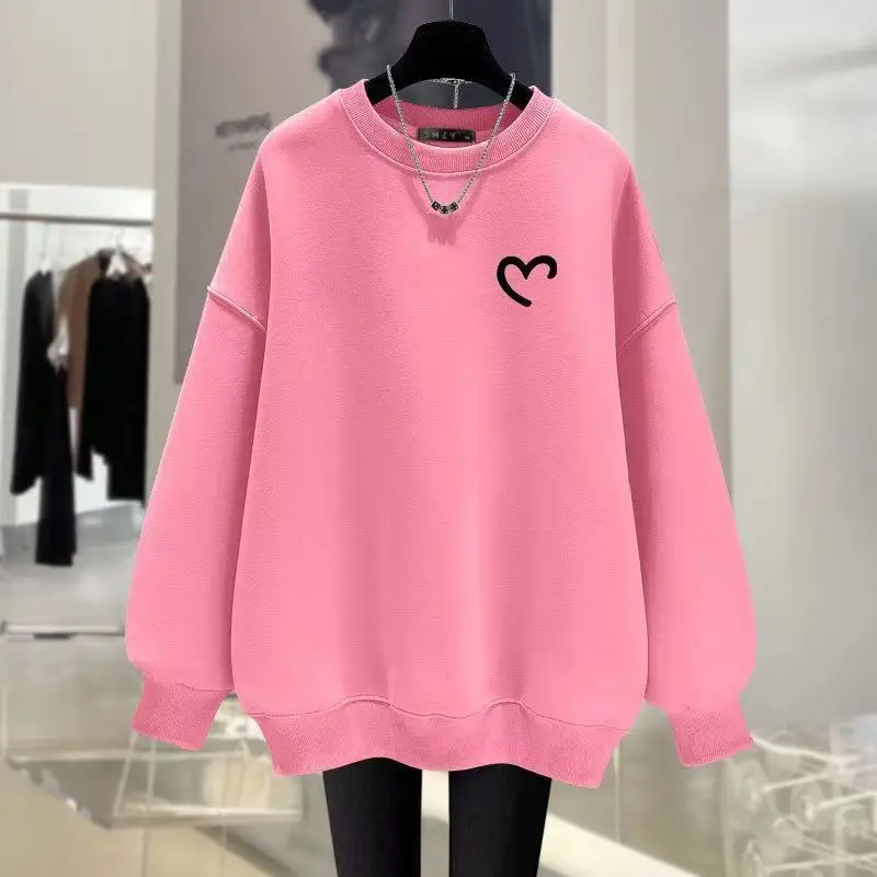 Women\'s Solid Color Pullover Round Neck Printing Love Long Sleeve Hoodies Autumn and Winter 2023 New Loose Fashion Casual Tops