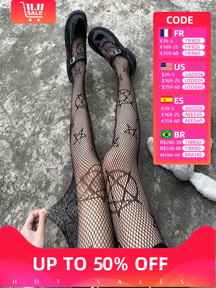 Lolita Girls Cute Pentacle Print Tights Women Sexy Gothic Punk Magical Five-Pointed Star Mesh Fish Net Pantyhose Body Stockings