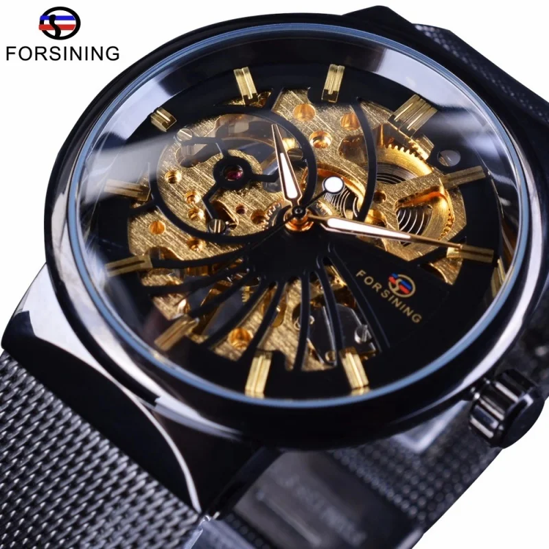 Fashion Forsining Official Brand Casual Business Style Full Hollow Men Handwind Mechanical Watch Mesh Mesh Steel Strap Luminous