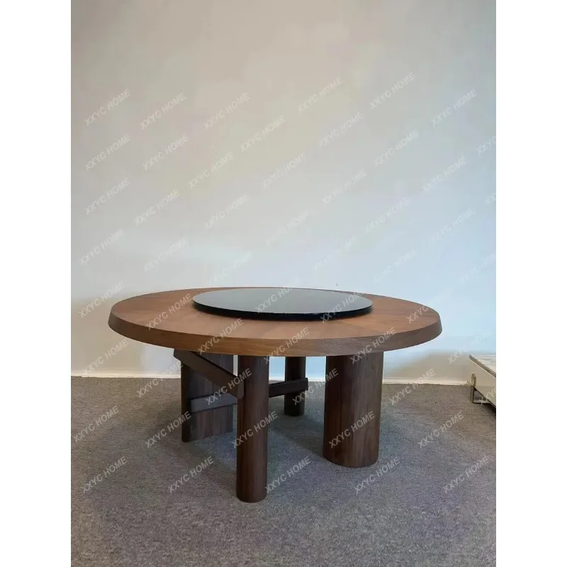 XXMedieval retro walnut round dining table wind turntable household dining table glass turntable