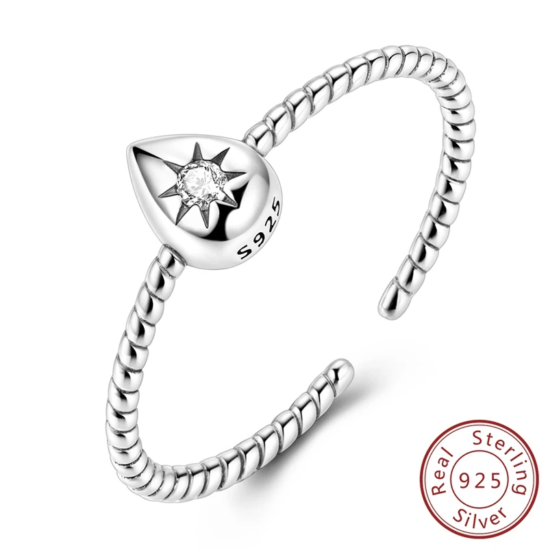 

100% 925 Sterling Silver Water Drop Thread Open Rings For Women Girls Wedding Anniversary Jewelry Gift
