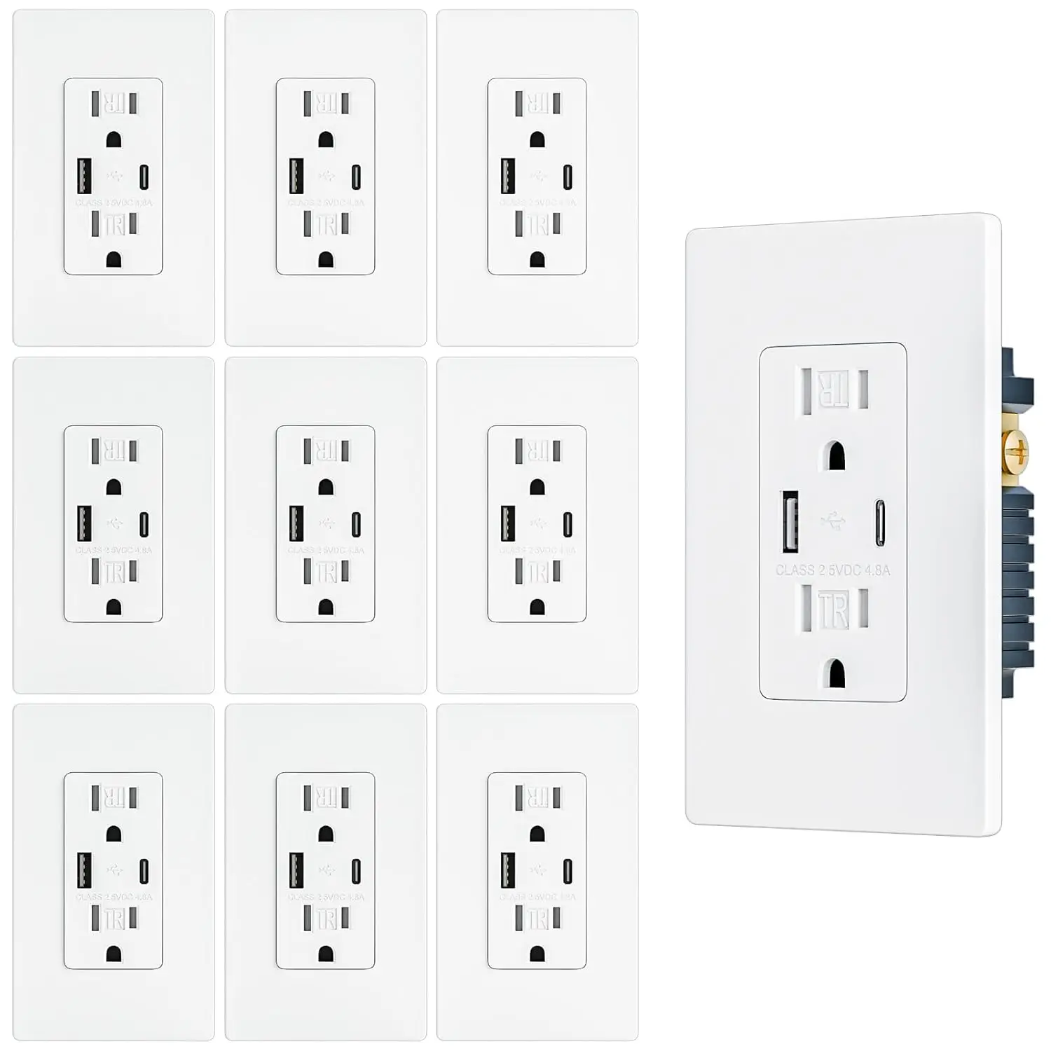 10 Pack - BRILLTECH USB Outlet, Wall Outlet with Type C & Type A Ports, 15 Amp Receptacle Plug, Tamper-Resistant Receptacle