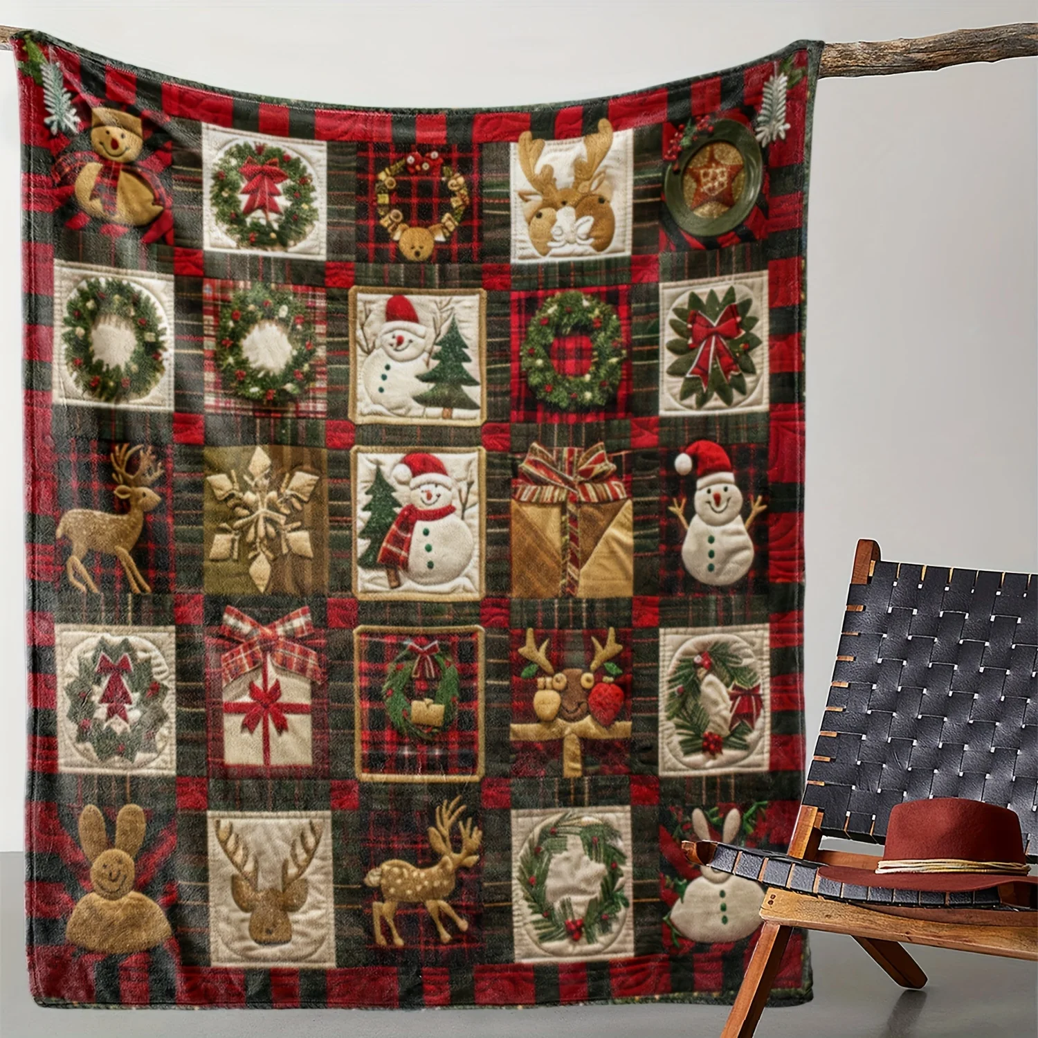 

Vintage Christmas Plaid Throw Blanket - Soft Flannel with Festive Patchwork Design, 200-250gsm, Perfect for Sofa, Bed, Car