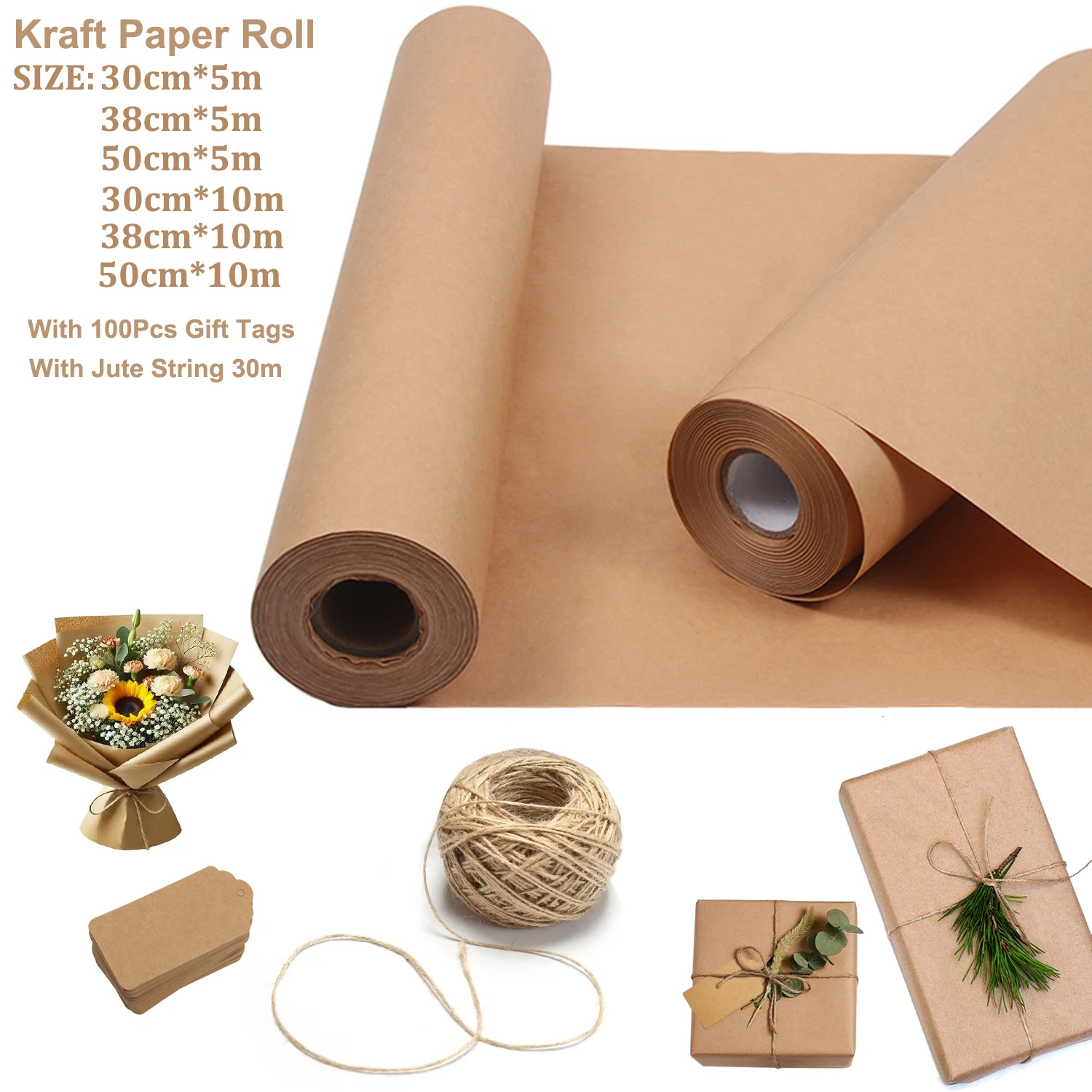 Flower Wrap Kraft - ม้วนกระดาษคราฟท์สีน้ำตาลเป็นมิตรกับสิ่งแวดล้อม 5/10 ม. กระดาษห่อของขวัญย่อยสลายได้สำหรับช่อดอกไม้ งานฝีมือ กล่องของขวัญ