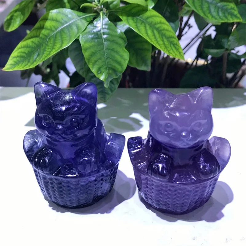 

Natural Purple Fluorite Basket Cat Carving Animal Statue Healing Gemstone Crafts Children Birthday Gift 1PCS