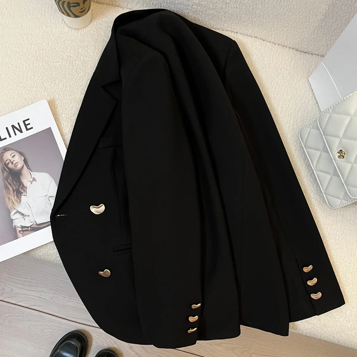 

Spring 2025 Women's Faion Casual Jaets Suits Polyester Long Sve Tailored Look Double Buttoned Pure Color