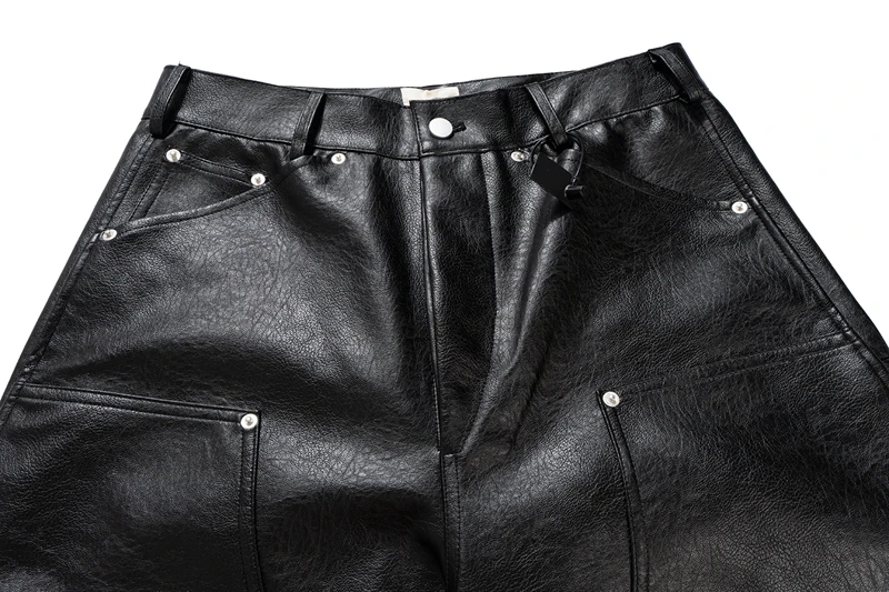 Schwarze PU-Leder Zimmermannshose mit Nieten, Doppelknie-Arbeitshose für Herren, Streetwear Hip-Hop Baggy Weite Cargo-Hose – Detail 12