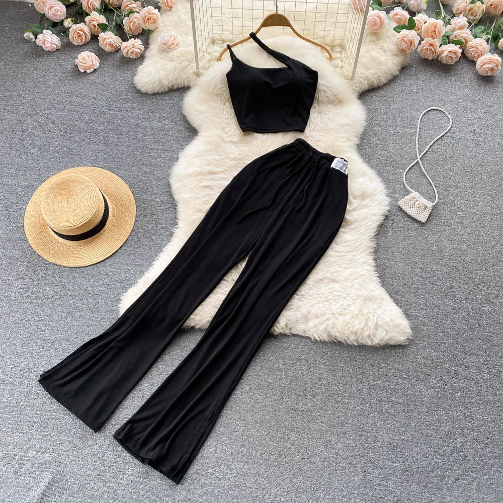 Women Two Pieces Sets Chic Off Shoulder Slip Top and Fashion Hotsweet High Waist Lace Up Split Wide Leg Pant Sets