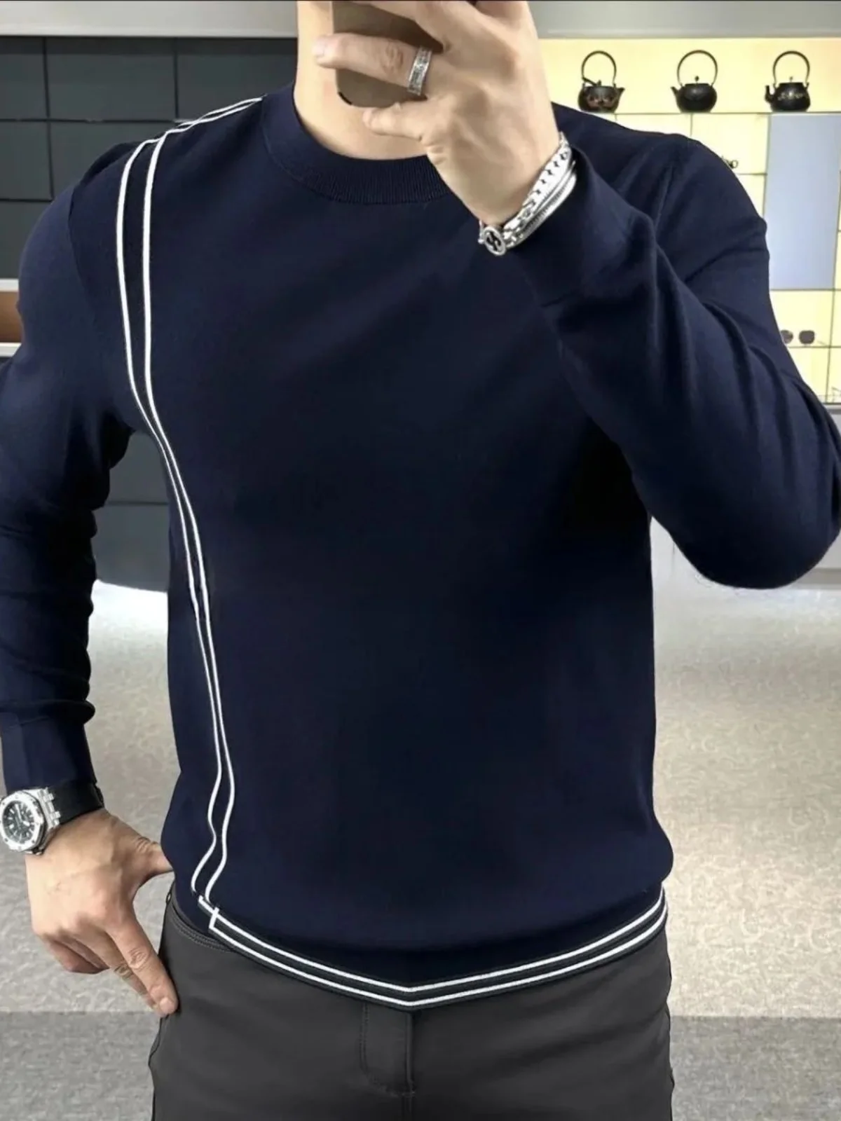 

Осень-зима, новый мужской круглый вязаный свитер, облегающий эластичный цветной блузка в вертикальную полоску, простой универсальный трикотаж