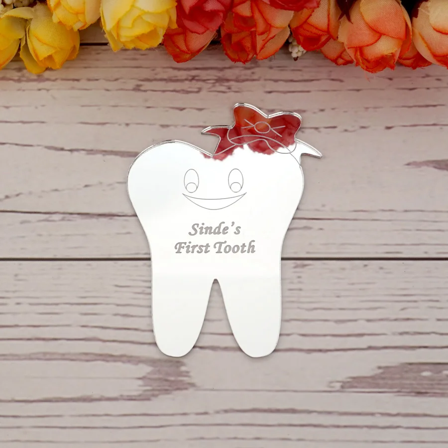 20 Pieces/Lot 8CM Height Lovely Tooth Shape DIY Acrylic Mirror Tags Customized Baby Name First Teeth Babyshower Party Gift