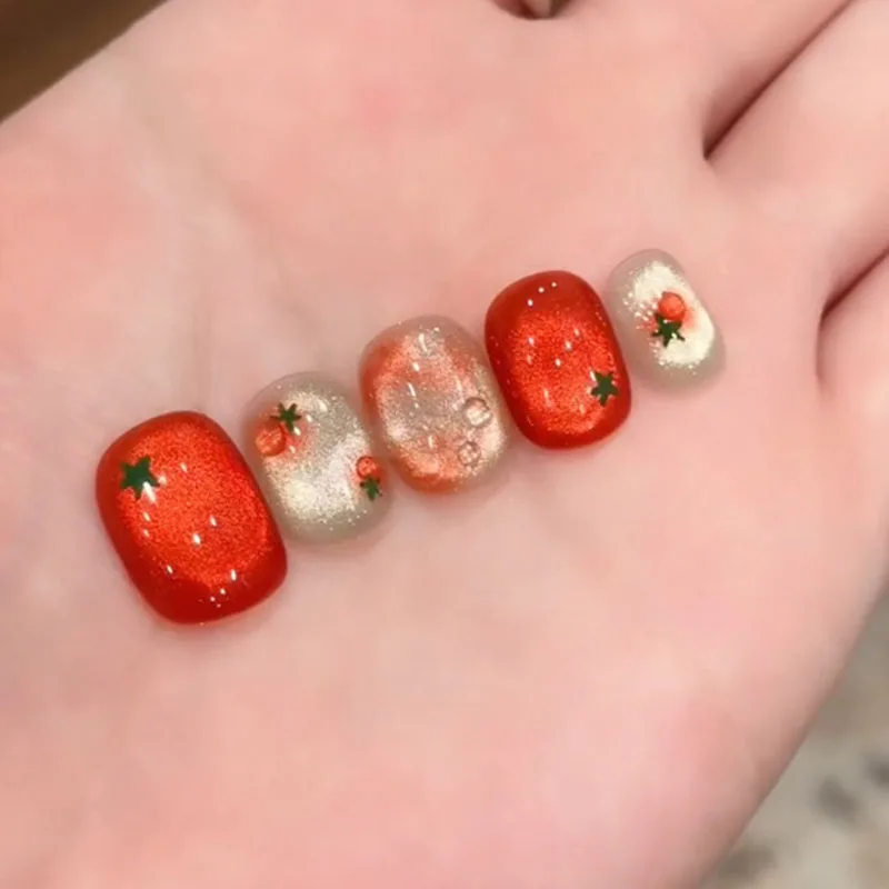 10 piezas de uñas postizas cortas ovaladas rojas festivas con diseño de tomate lindo, acabado brillante, set de arte de uñas para mujeres y niñas 2