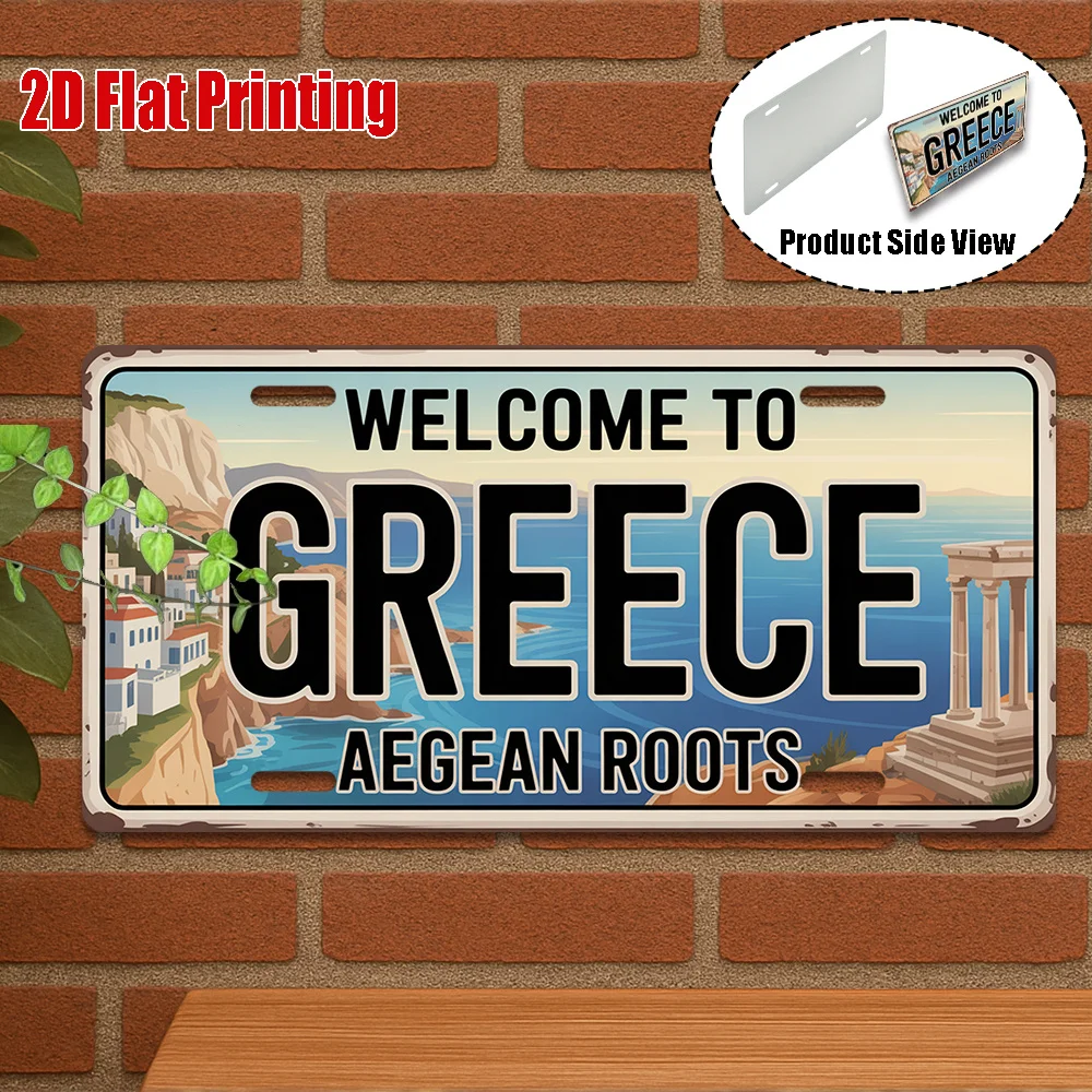 2D Flat Retro Outdoor Wall Art Welcome to Greece License Plate Sign Aegean Roots Vibrant Cultural Decor