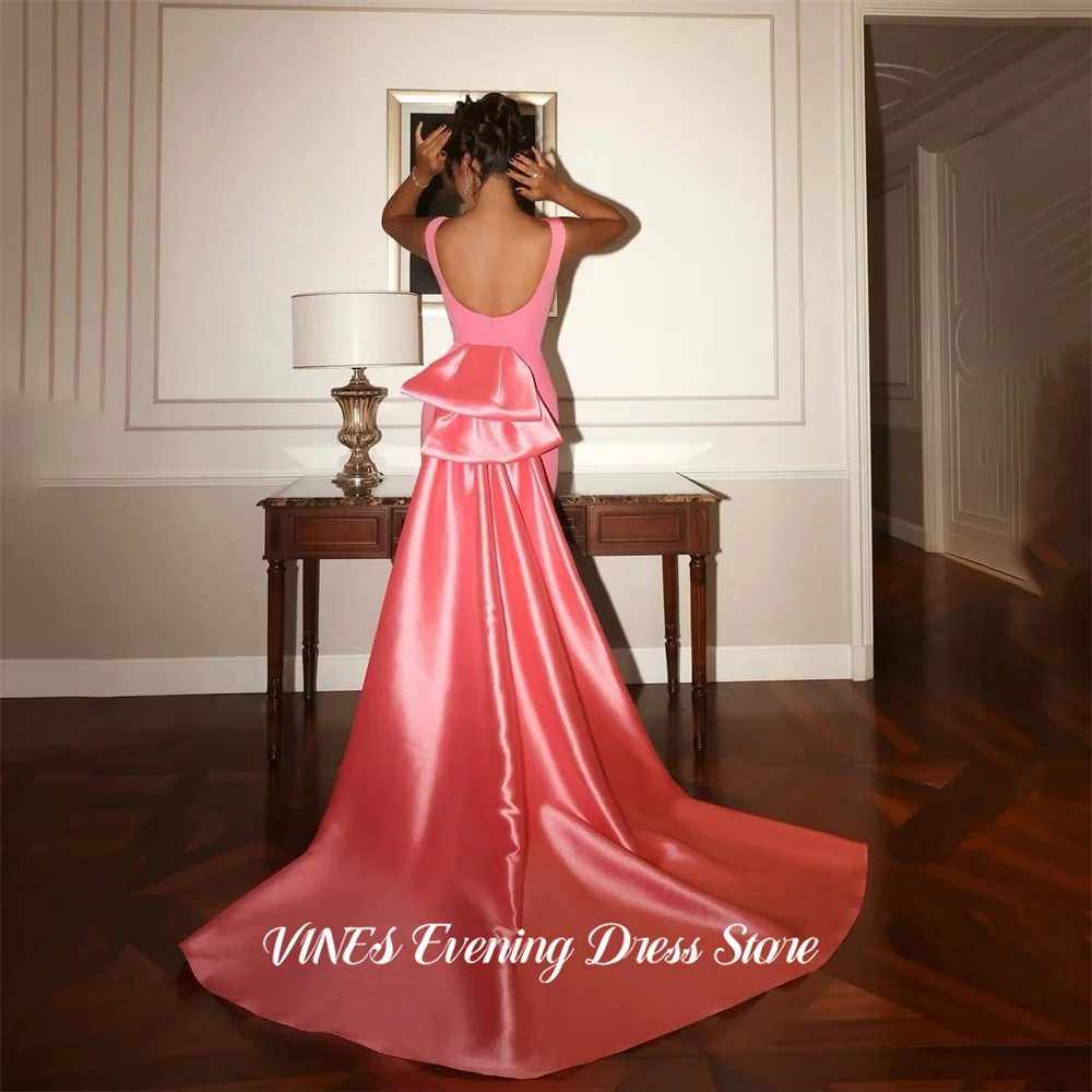 

VINES Hot Pink Sleeveless Prom Dresses with Bow Back Satin Train Formal Dresses Beaded Hem Evening Dresses for Women Customized