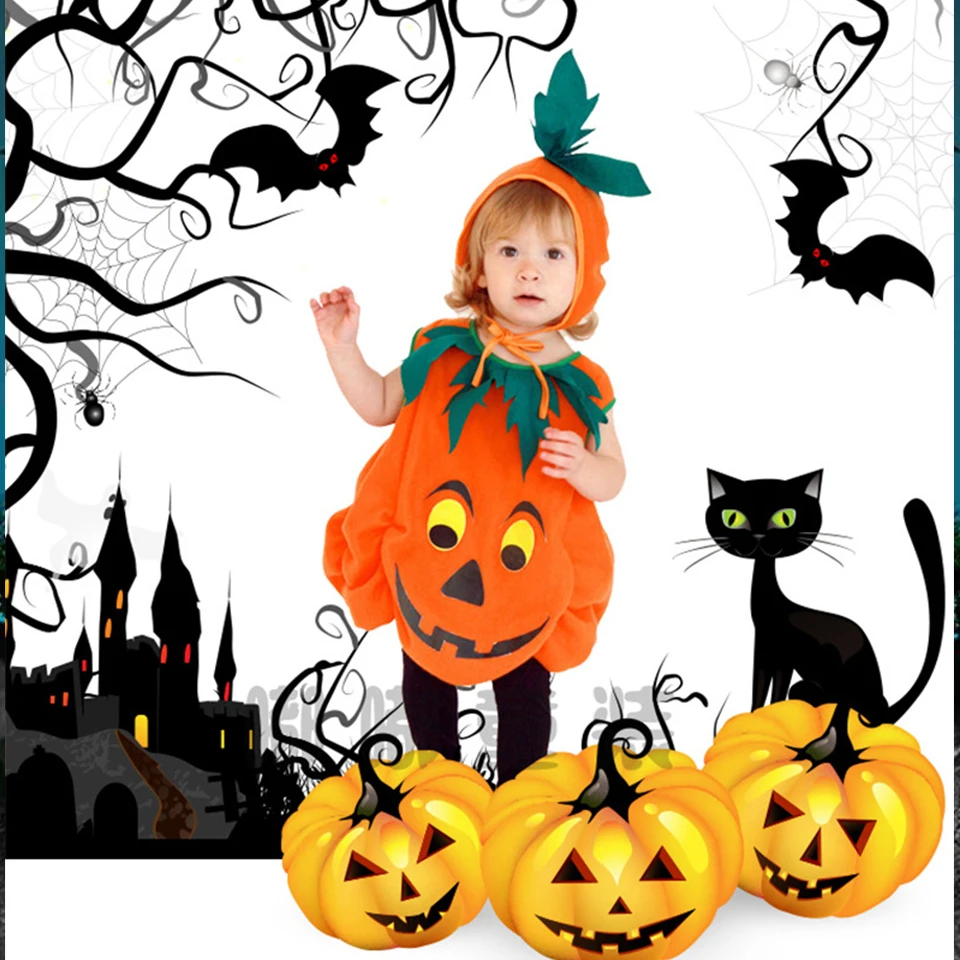 Wholesale Halloween Baby Boy and Girls Cosplay Pumpkin Costume 2 - 10 Years Cute Kids Stage Show Masquerade Party Clothing Set