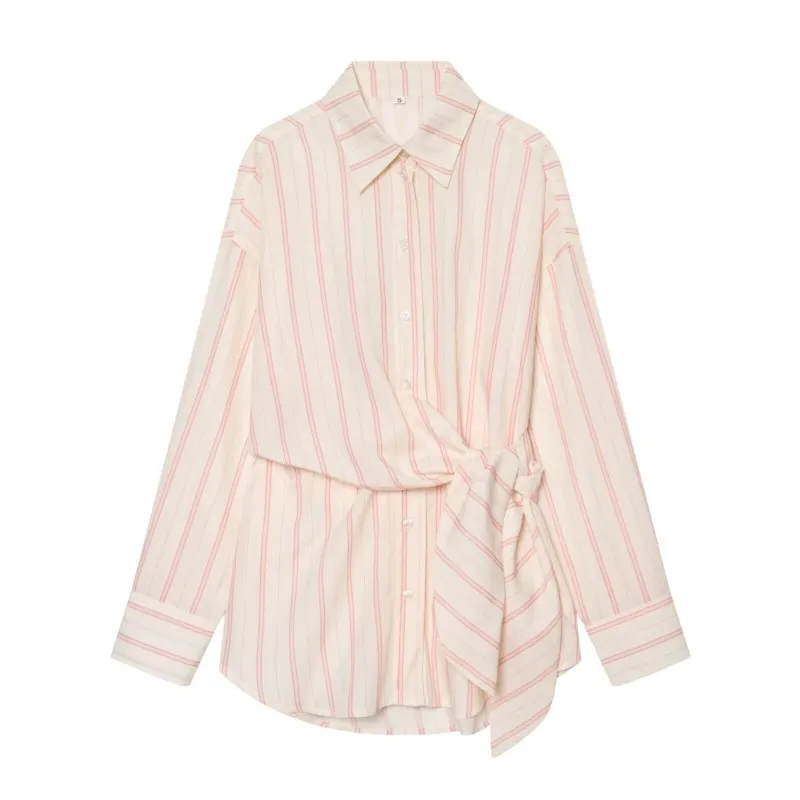 Women's Striped Shirt New 2026 Spring Long Sleeve V Neck Pocket Button Knot Decoration Loose Women Shirt & Blouses Female Tops