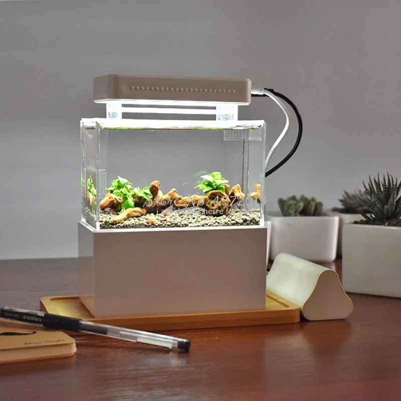 Mini Betta Fish Tank - Desktop Portable Aquaponic Aquarium, LED Light USB Air Pump, Water Filter Decoration Modern Bowl