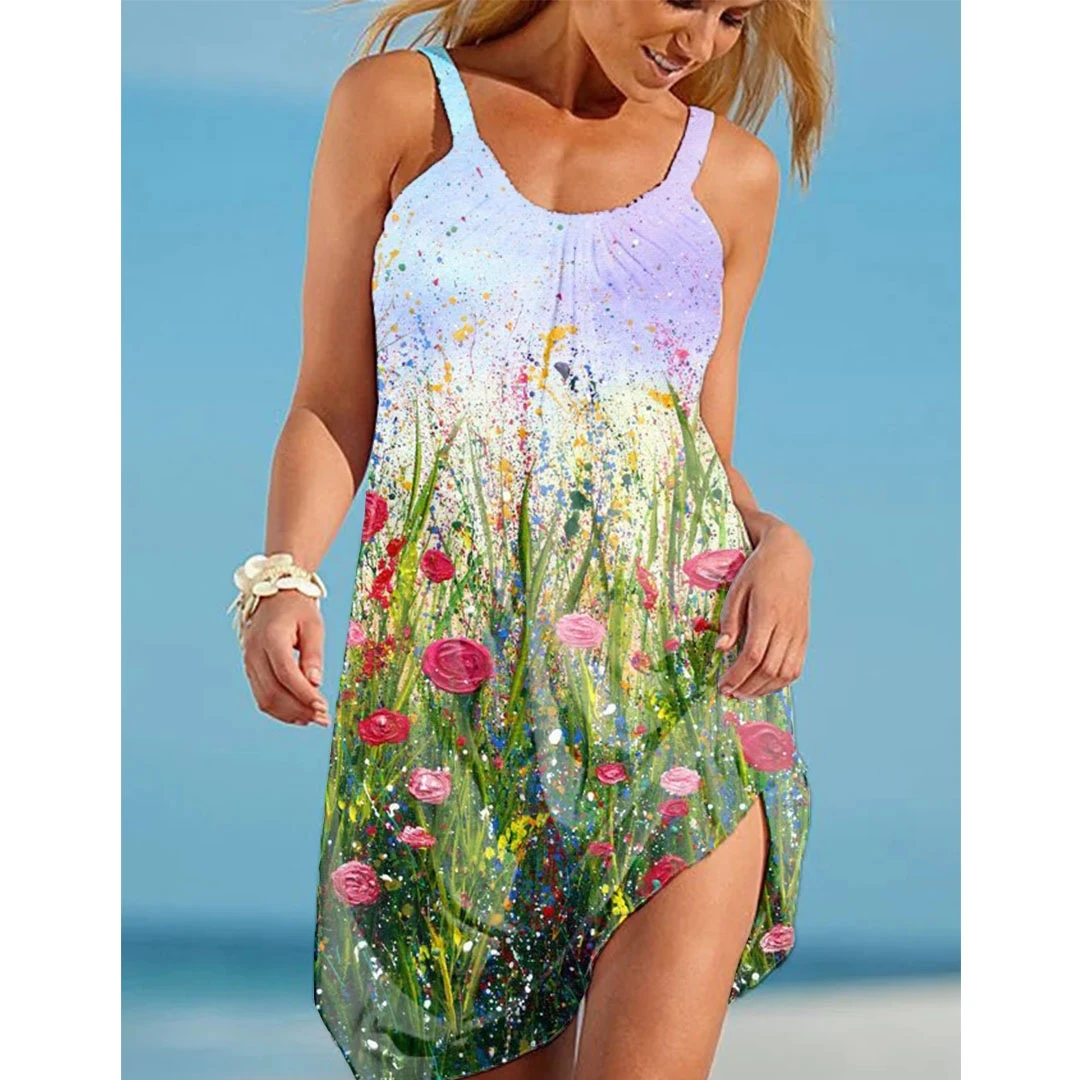 Summer New Women Beach Dress 3D Flowers Printing Fashion Sexy Halter Boho Vintage Beachwear Girls Party Elegant Suspender Skirt