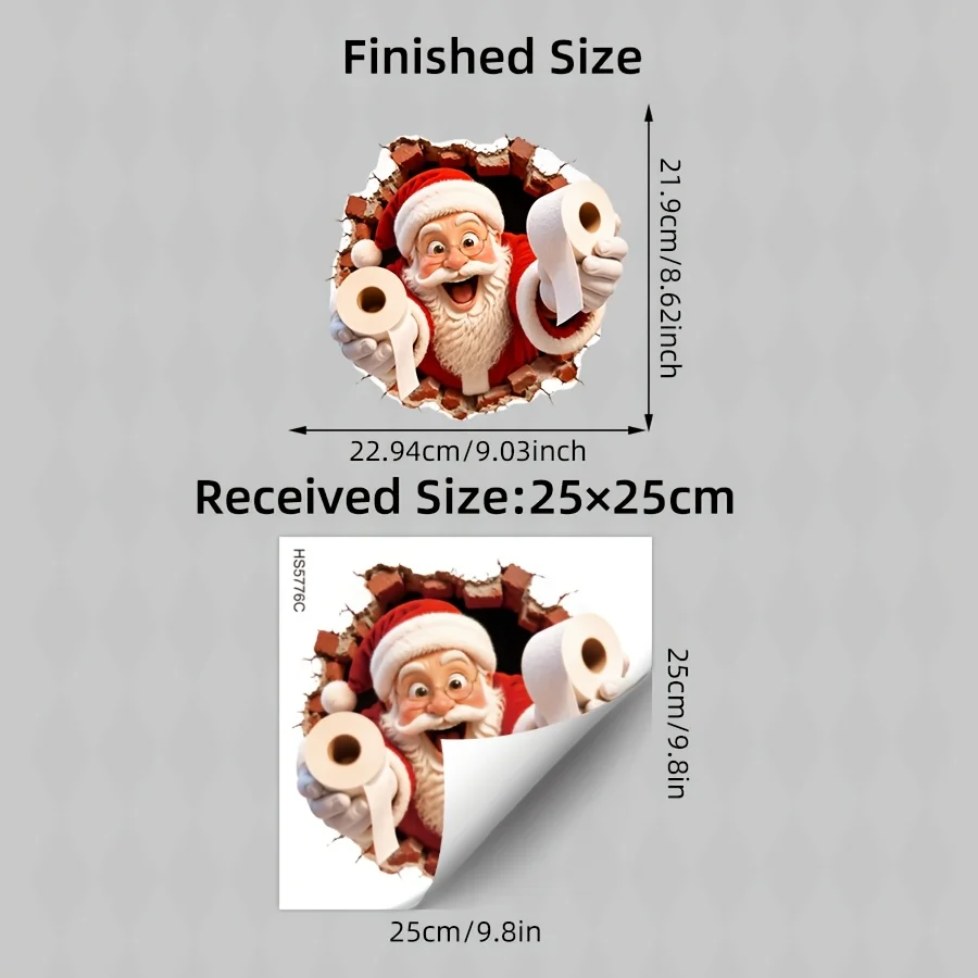 1 Sheet 9.84×9.84in Cute 2D Cracked Tile Santa Toilet Paper Wall Sticker, Self-Adhesive PVC Xmas Decal for Bathroom Cafe Decor view 3