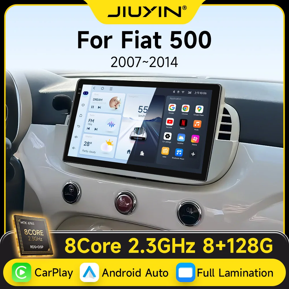 JIUYIN Wireless CarPlay for Apple Android 15 Auto Radio for FIAT 500 Abarth 2007 2008 2009-2015 Multimedia Screen Stereo GPS