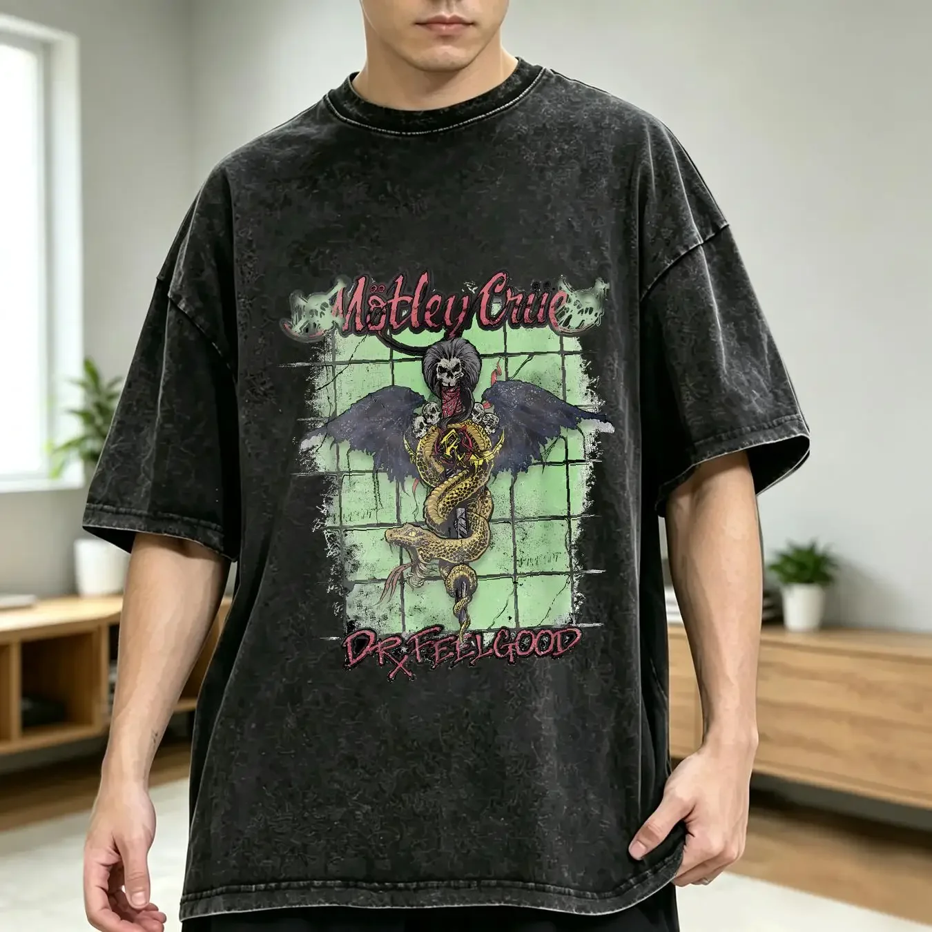 washed T Shirt A1 Motley Cru Dr Feel Good Adult Medium Black Rock Music Tour Mens long or short sleeves vintage Washed Soft