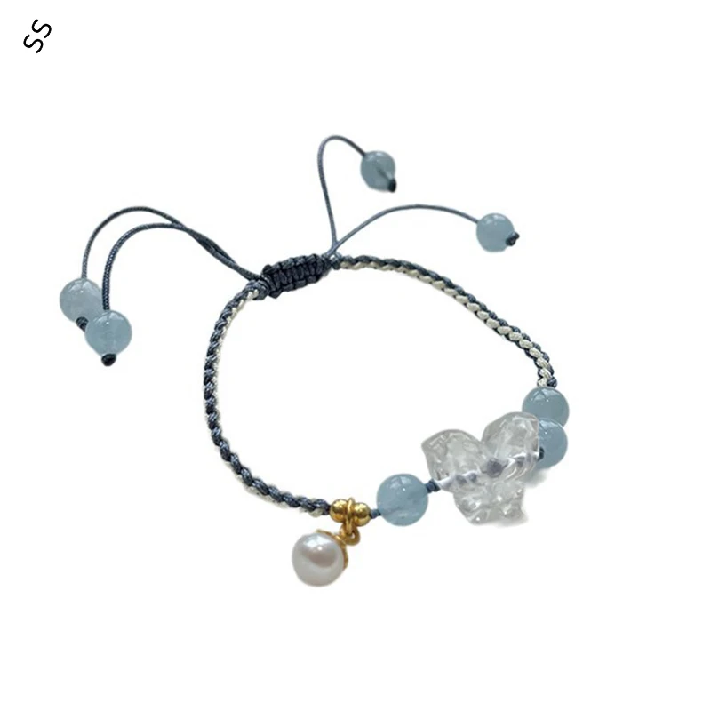 

Natural Aquamarine Woven Bracelet Sapphire Stone White Crystal Butterfly 925 Silver Adjust Hand Accessory with Freshwater Pearl