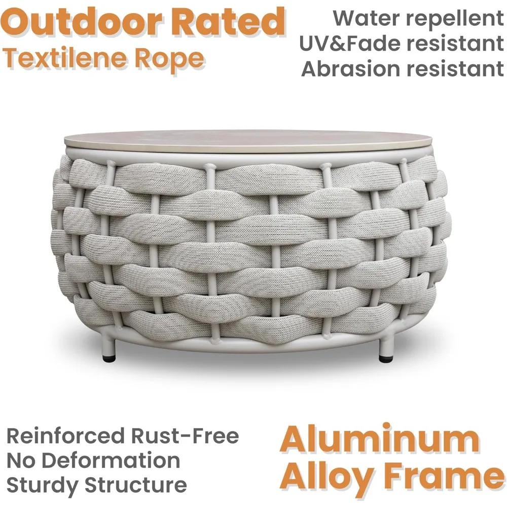 Tavolino da caffè rotondo corto da patio: tavolini in corda intrecciata a mano assemblati - Tavolo da esterno in alluminio moderno - Mobili per portico in metallo