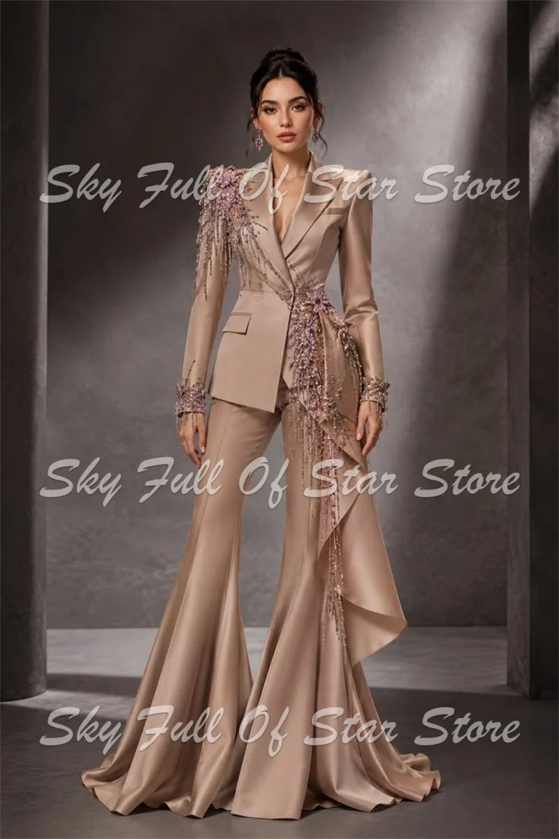Champagne Women 2 Pcs Suit Set Beaded Tassel Appliques Satin Blazer Flare Pants Custom Formal Evening Wedding Party Lady Coat