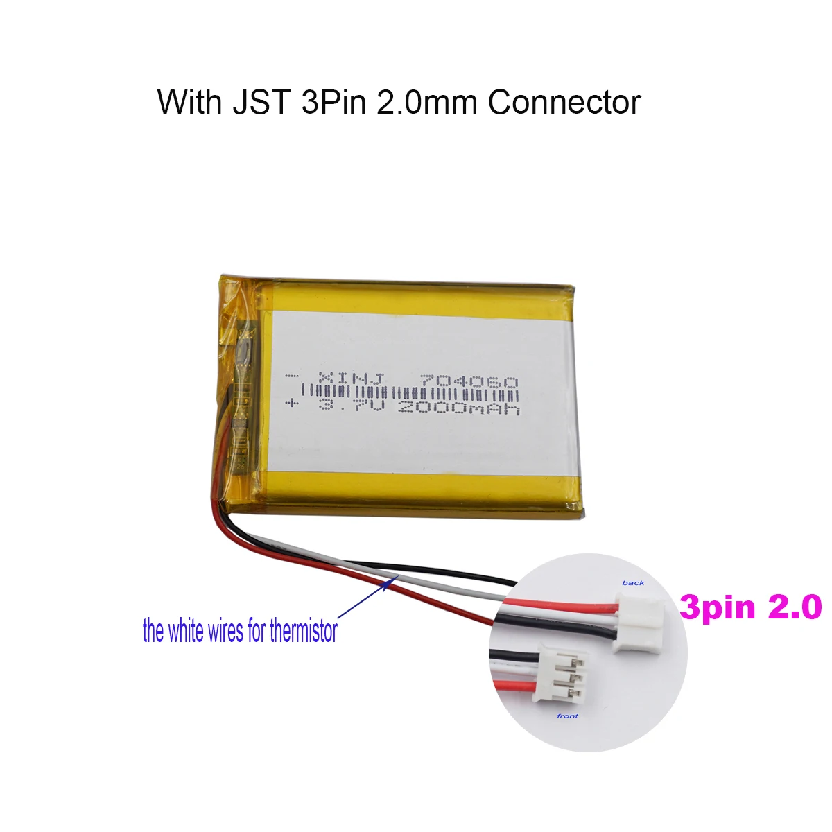 3.7V 2000mAh 7.4Wh Rechargeable Li Polymer Battery 704060 JST 3Pin 2.0mm Connector 3-Wires Thermistor For GPS Mini Boom Speaker