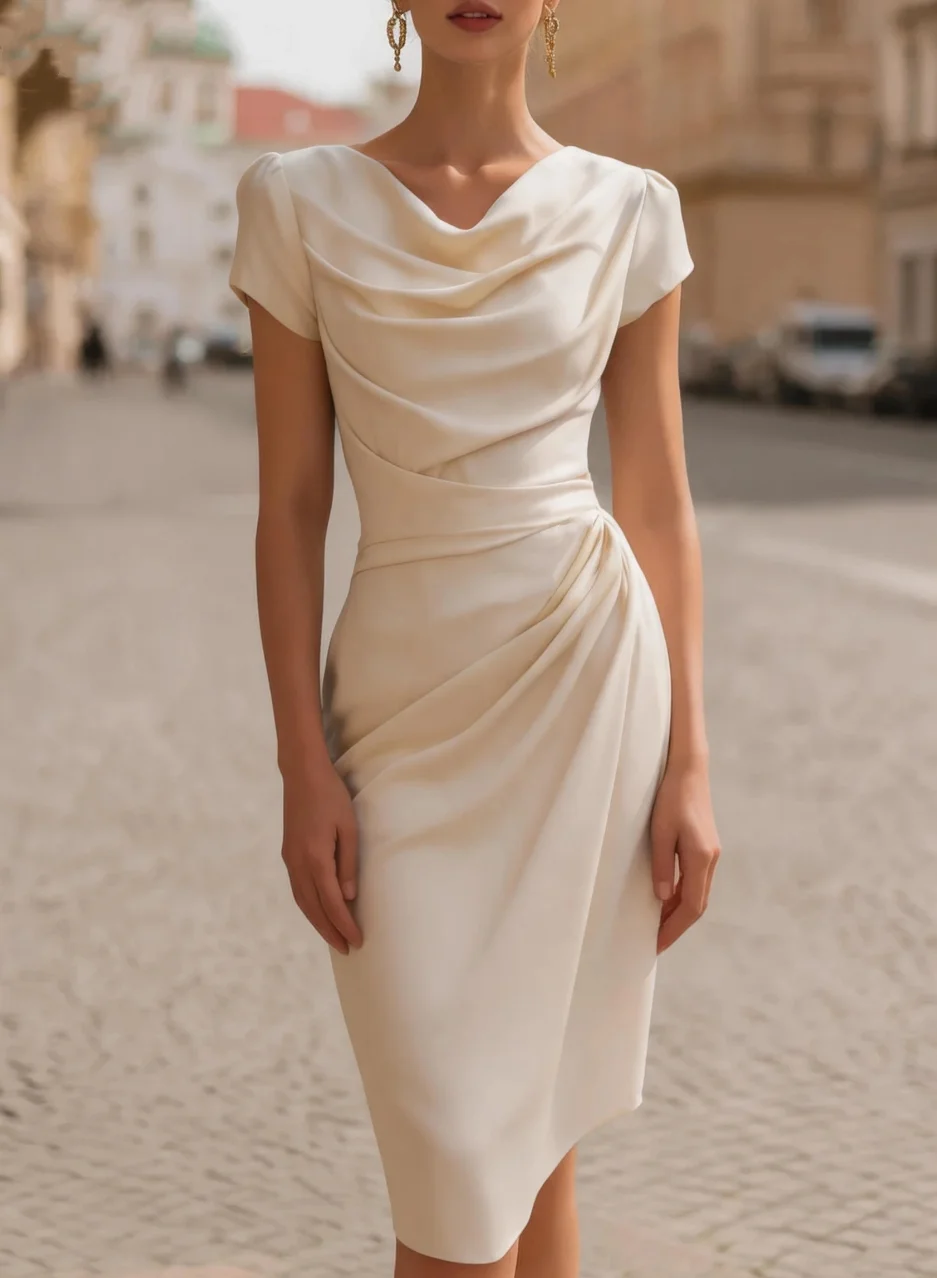 Women Formal Party Wear Dress - Elegantes Kurzarm-Cowl-Neck-Kleid mit Raffungen und Bodycon-Schnitt